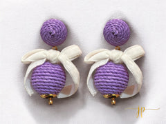 Purple Lilac Lilly Raffia Lantern Ball Earrings with White Velvet Bows