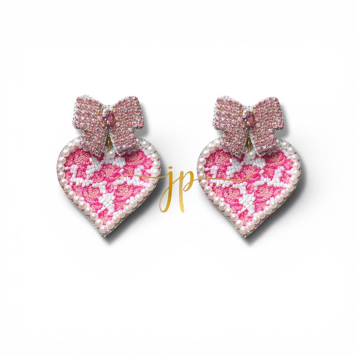 Porcelain Pink and White Toile Pearl Heart Earrings with Pink Rhinestone Bow Toppers