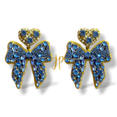 Blue Beaded Rhinestone Bow Earrings with Heart Topper