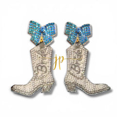 White Beaded Bride Cowboy Boot Earrings with Blue Rhinestone Bow Topper Bridal Jewelry