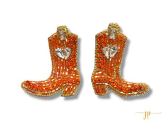 Game Day Orange Beaded Rhinestone Boot Stud Earrings with Hearts
