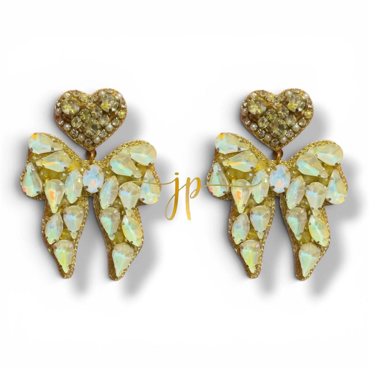 Light Yellow Beaded Rhinestone Bow Earrings with Heart Topper