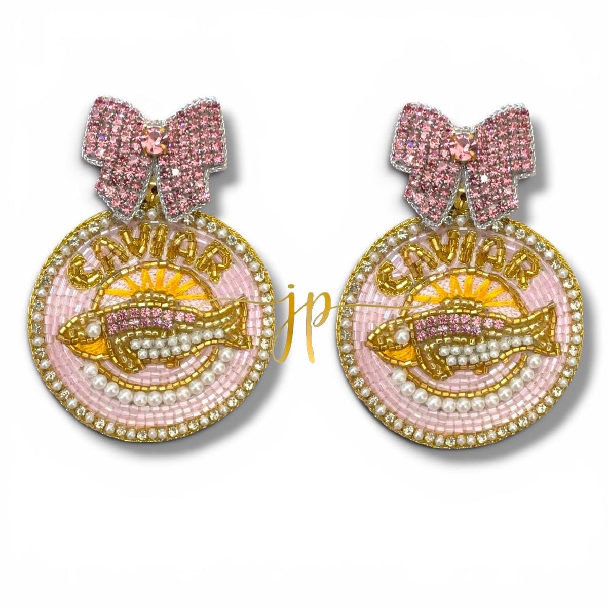 Caviar Sardine Beaded Statement Earrings in Pink with Bow Rhinestones, Italian Coastal Jewelry