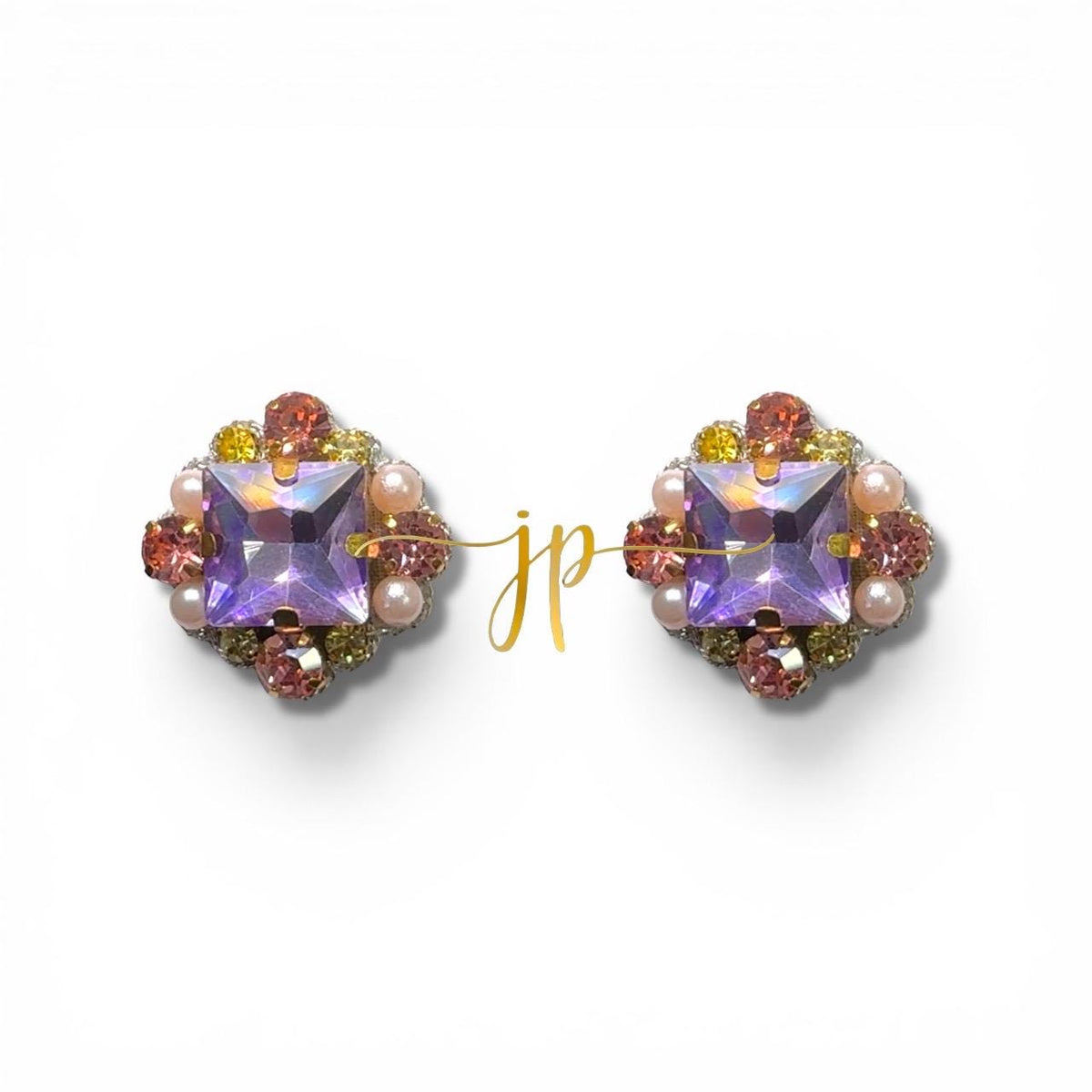 Lavender Heiress Rhinestone Stud Earrings with Pearl Detail