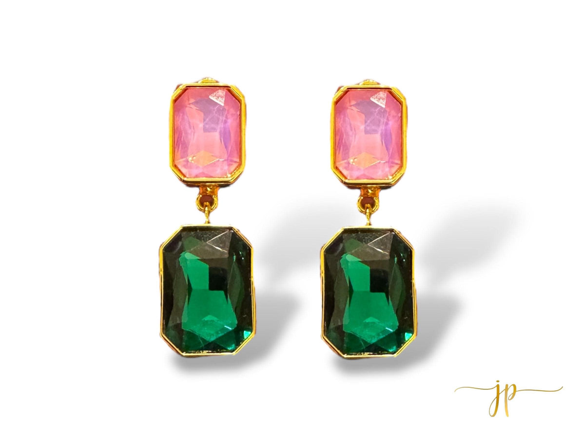 Emily Emerald-Cut Green and Iridescent Pink Opulent Double Gemstone Dangle Earrings