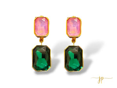 Emily Emerald-Cut Green and Iridescent Pink Opulent Double Gemstone Dangle Earrings