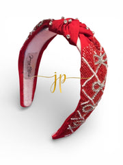 Red Rhinestone Bow Lattice Beaded Knotted Headband