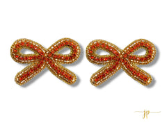 Game Day Orange  Rhinestone String Bow Beaded Stud Earrings