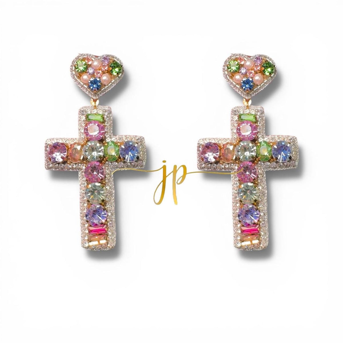 Cross Earrings in Pastel Rhinestones and Pearl Beads