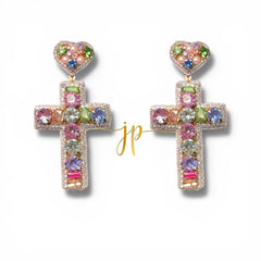 Cross Earrings in Pastel Rhinestones and Pearl Beads