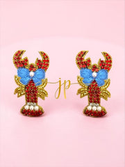 Blue Ribbon Lobster Rhinestone Stud Earrings, Coastal Jewelry
