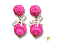 Hot Pink Raffia Lantern Ball Earrings with White Pearl Bows