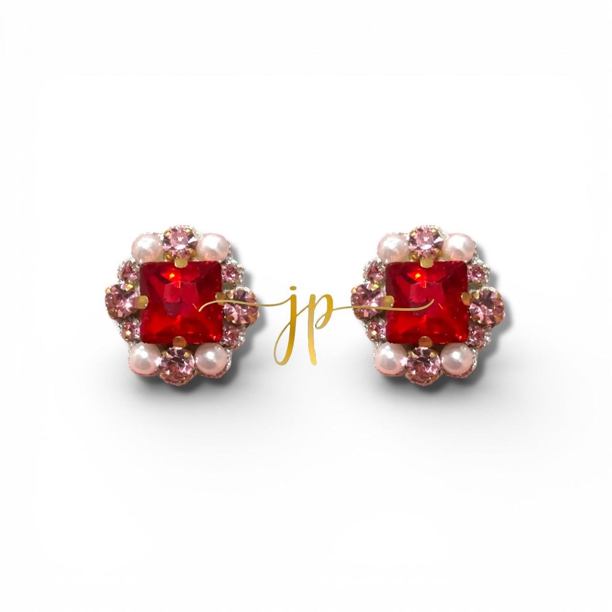 Red and Pink Heiress Rhinestone Stud Earrings with Pearl Detail