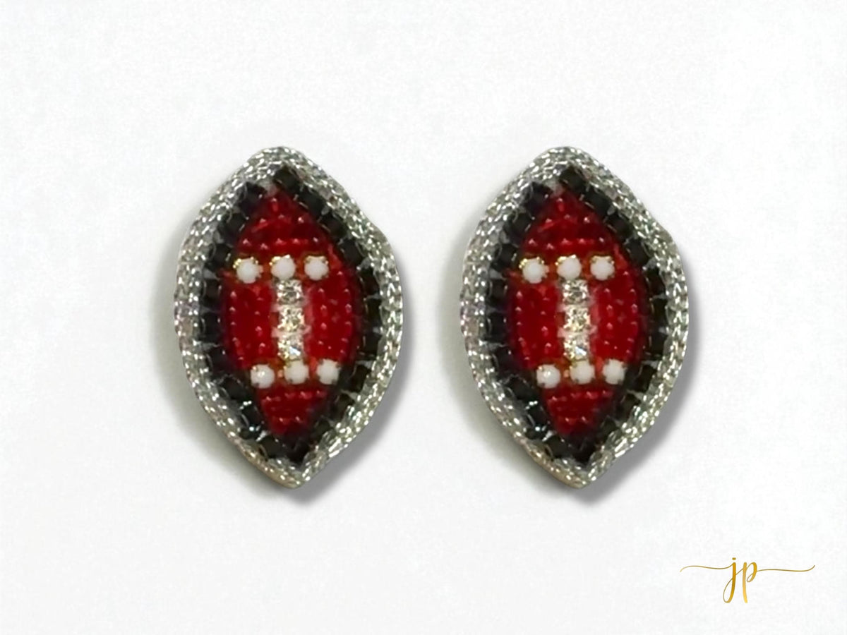 Red and Black Beaded Football Stud Earrings
