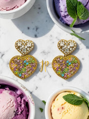 Italian Gelato Mosaic Heart Beaded Earrings with Rhinestone Heart Toppers, Italian Coastal Jewelry
