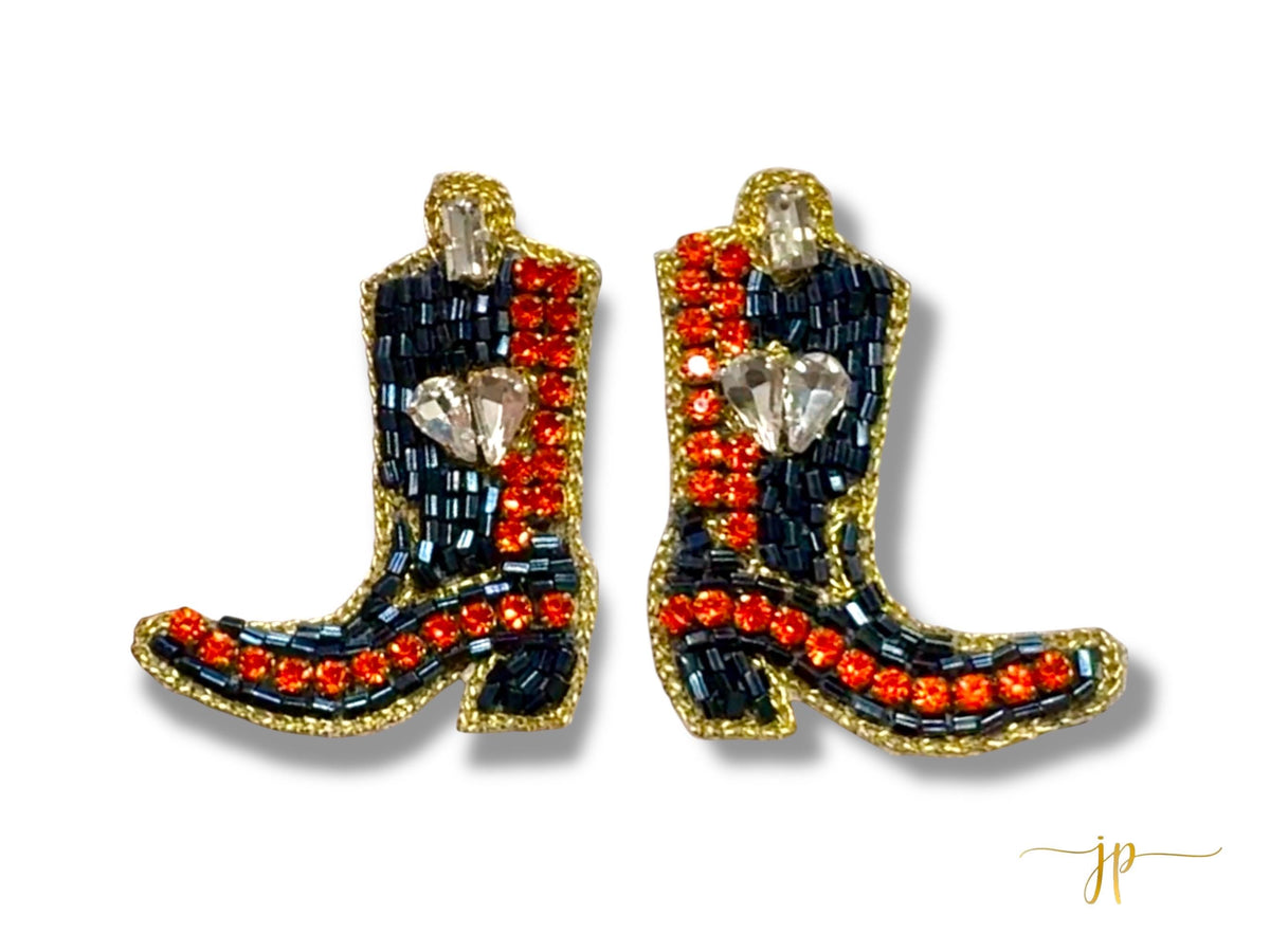 Game Day Blue and Orange Beaded Rhinestone Boot Stud Earrings with Hearts