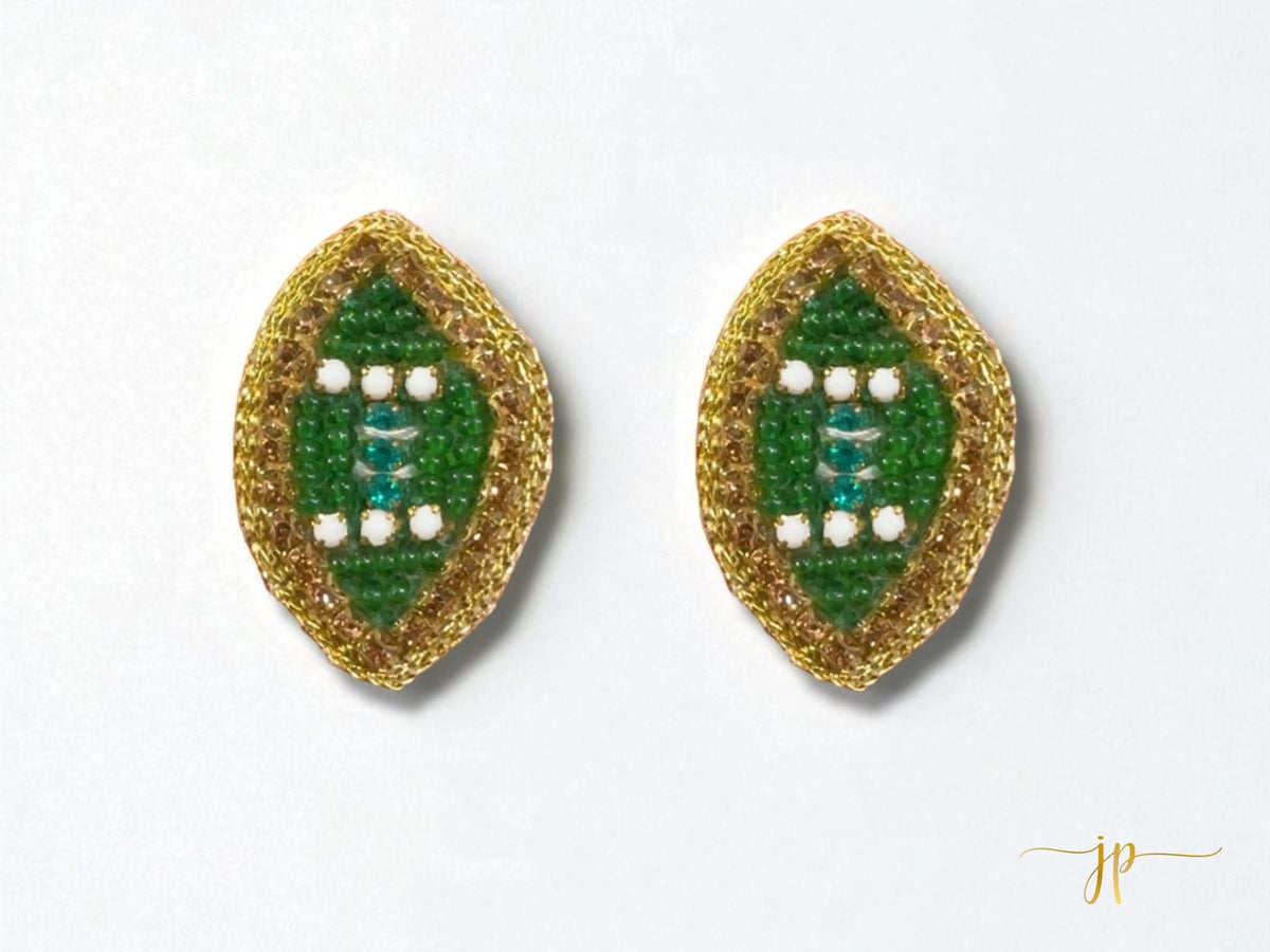 Green and Gold  Beaded Football Stud Earrings