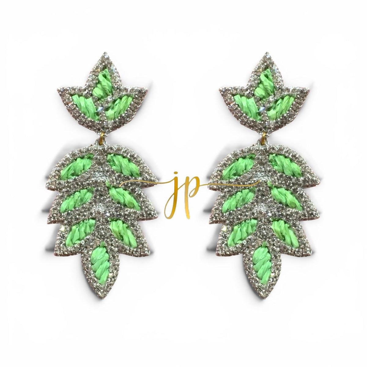 Eloise Light Green Leaf Shaped Rhinestone Raffia Earrings