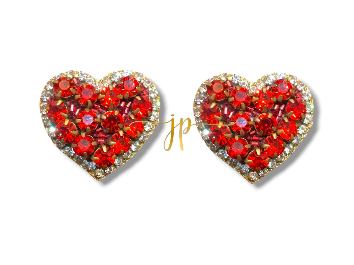 Large Heart Beaded Stud Earrings in Ruby Red for Game Day