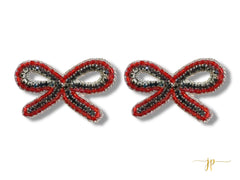 Game Day Black and Red Rhinestone String Bow Beaded Stud Earrings