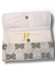 White Beaded Rhinestone Bow Beaded Clutch Handbag