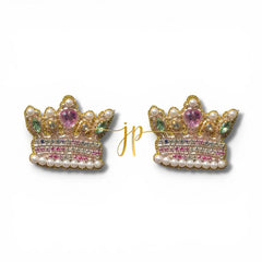 Spring Crown Stud Earrings in Pastel Rhinestones and Pearl Beads