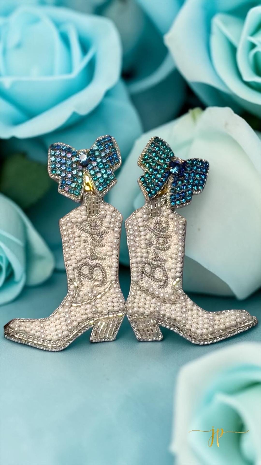 White Beaded Bride Cowboy Boot Earrings with Blue Rhinestone Bow Topper Bridal Jewelry
