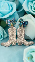 White Beaded Bride Cowboy Boot Earrings with Blue Rhinestone Bow Topper Bridal Jewelry