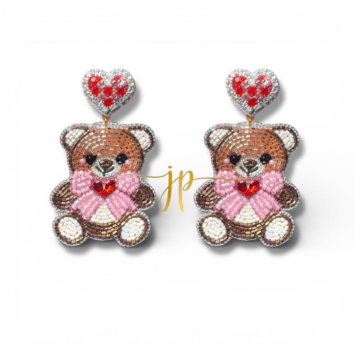 Teddy Bear Beaded Drop Earrings with Red Pink and White Heart Rhinestone Topper