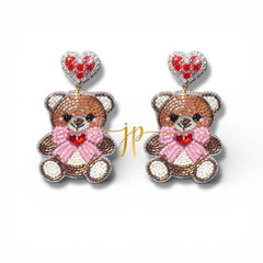 Teddy Bear Beaded Drop Earrings with Red Pink and White Heart Rhinestone Topper