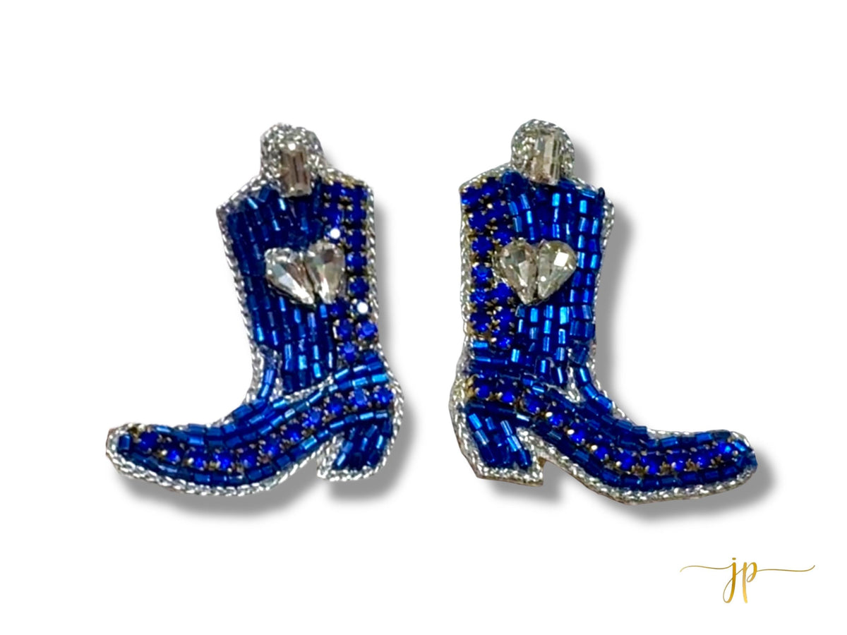 Game Day Blue and Silver Beaded Rhinestone Boot Stud Earrings with Hearts