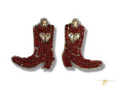 Game Day Maroon Beaded Rhinestone Boot Stud Earrings with Hearts