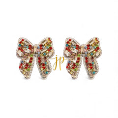 Enchanted Evergreen Tartan Multicolor Rhinestone Bow Stud Earrings