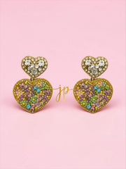 Italian Gelato Mosaic Heart Beaded Earrings with Rhinestone Heart Toppers, Italian Coastal Jewelry