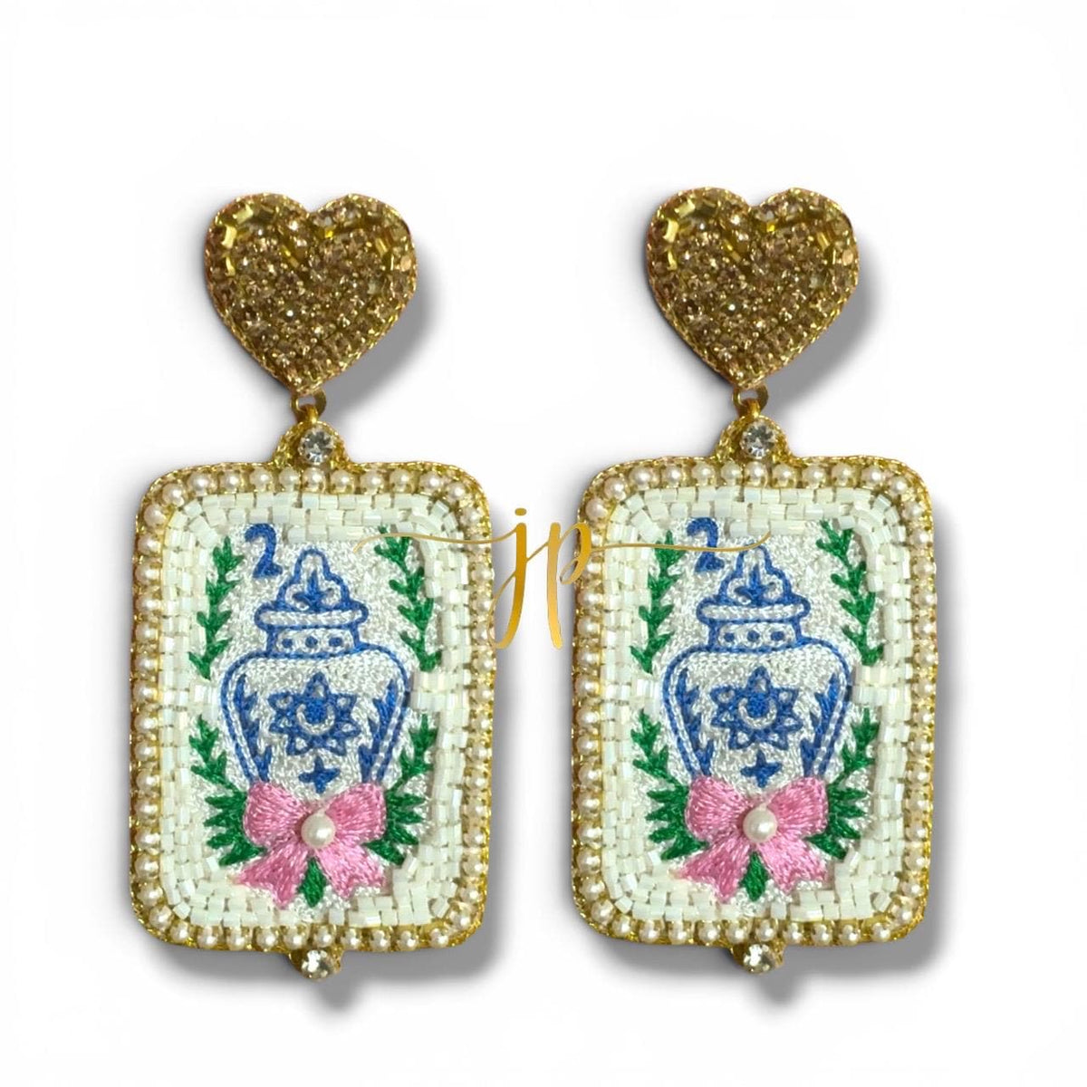 Mahjong Tile Blue and White Chinoiserie Porcelain Ginger Jar Beaded Earrings with Pink Bows and Gold Rhinestone Heart Toppers