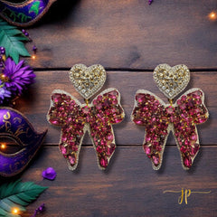 Purple Beaded Rhinestone Bow Earrings with Heart Topper