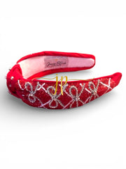 Red Rhinestone Bow Lattice Beaded Knotted Headband
