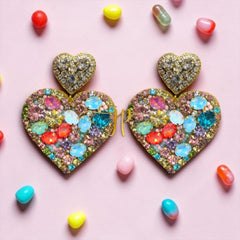 Colorful Mosaic Rhinestone Heart Earrings with Heart Toppers