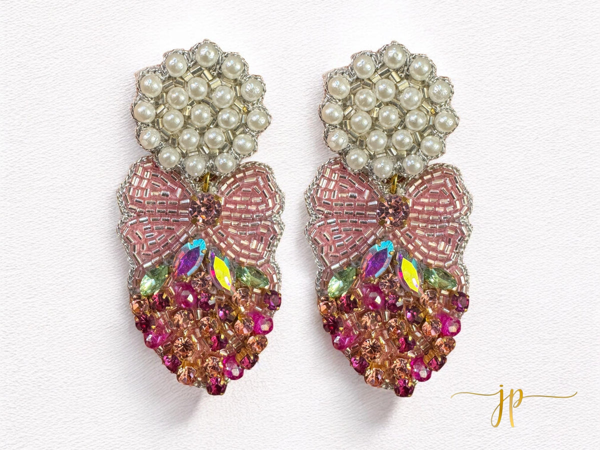 Beaded Pink Strawberry Statement Earrings with Pearl Toppers and Rhinestones
