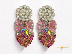 Beaded Pink Strawberry Statement Earrings with Pearl Toppers and Rhinestones