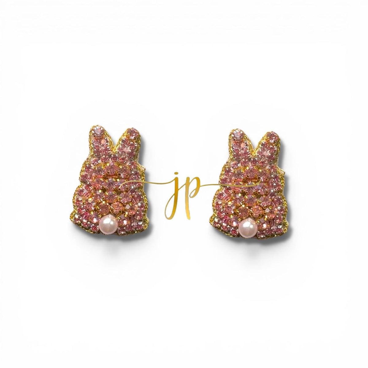 Pink Duchess Easter Bunny Silhouette Rhinestone Stud Earrings with Pearl Tail