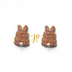 Pink Duchess Easter Bunny Silhouette Rhinestone Stud Earrings with Pearl Tail