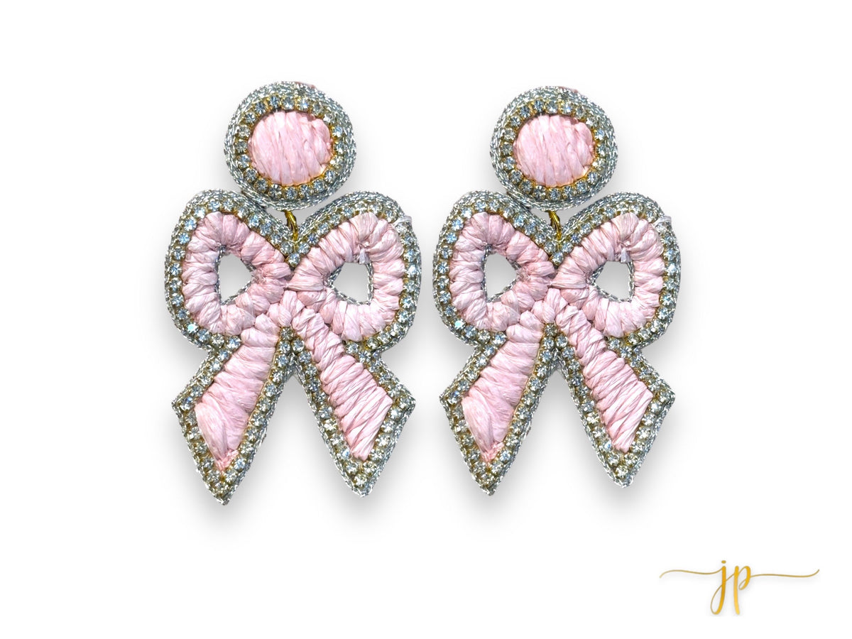 Light Pink Coquette Rhinestone Raffia Bow Earrings