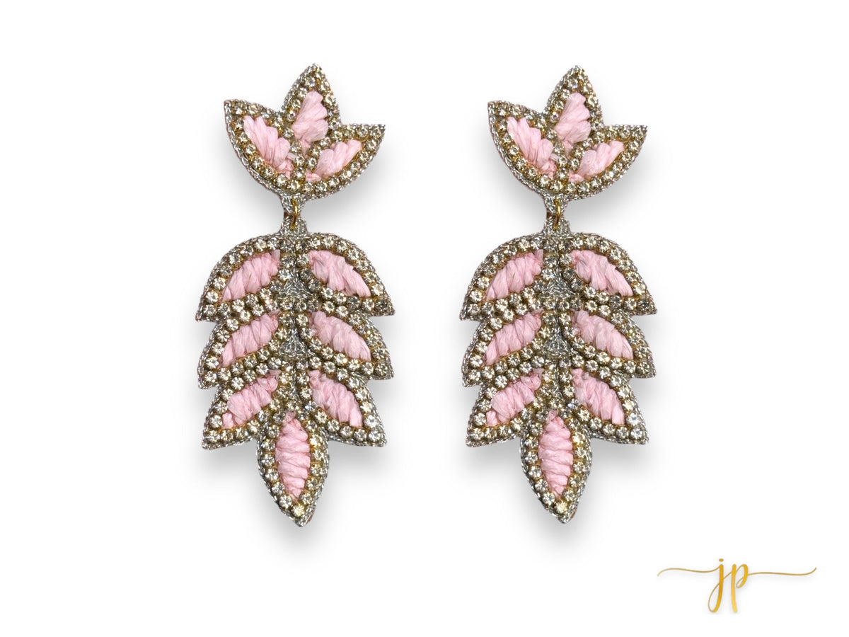 Eloise Light Pink Rhinestone Raffia Leaf Earrings