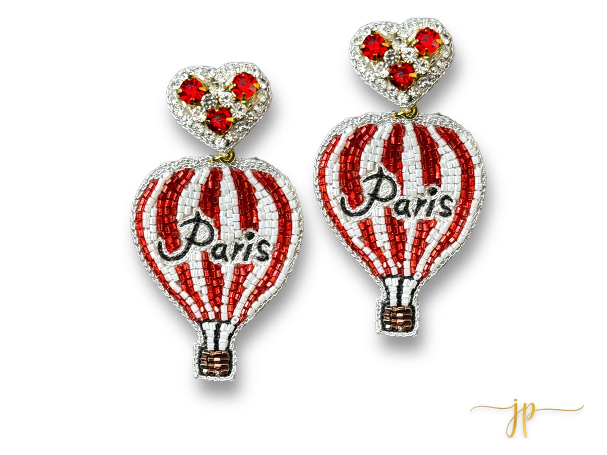 Paris Red Striped Hot Air Balloon Travel Destination Beaded Rhinestone Earrings