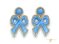 Elise Light Blue Coquette Rhinestone Raffia Bow Earrings