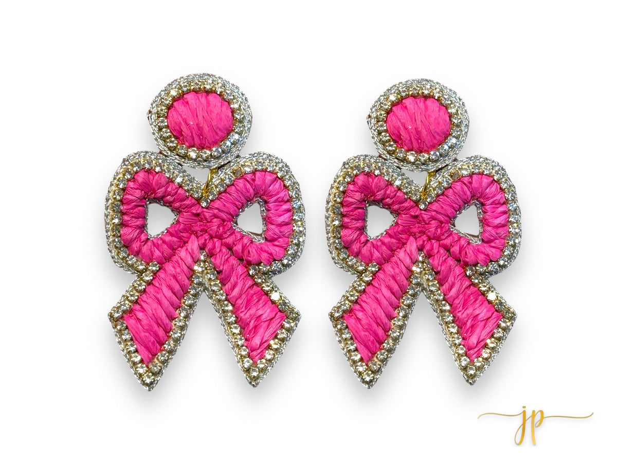 Elise Dark Pink Coquette Rhinestone Raffia Bow Earrings