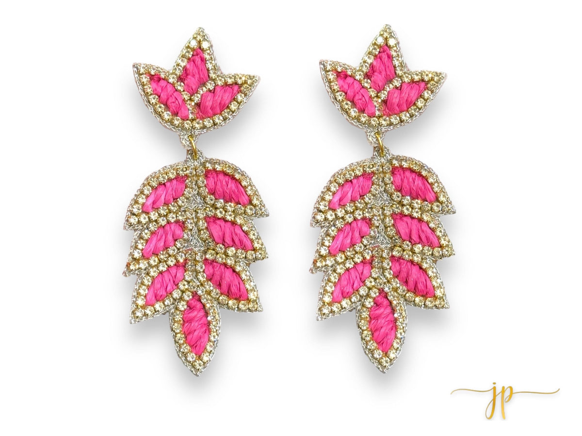 Eloise Dark Pink Rhinestone Raffia Leaf Earrings