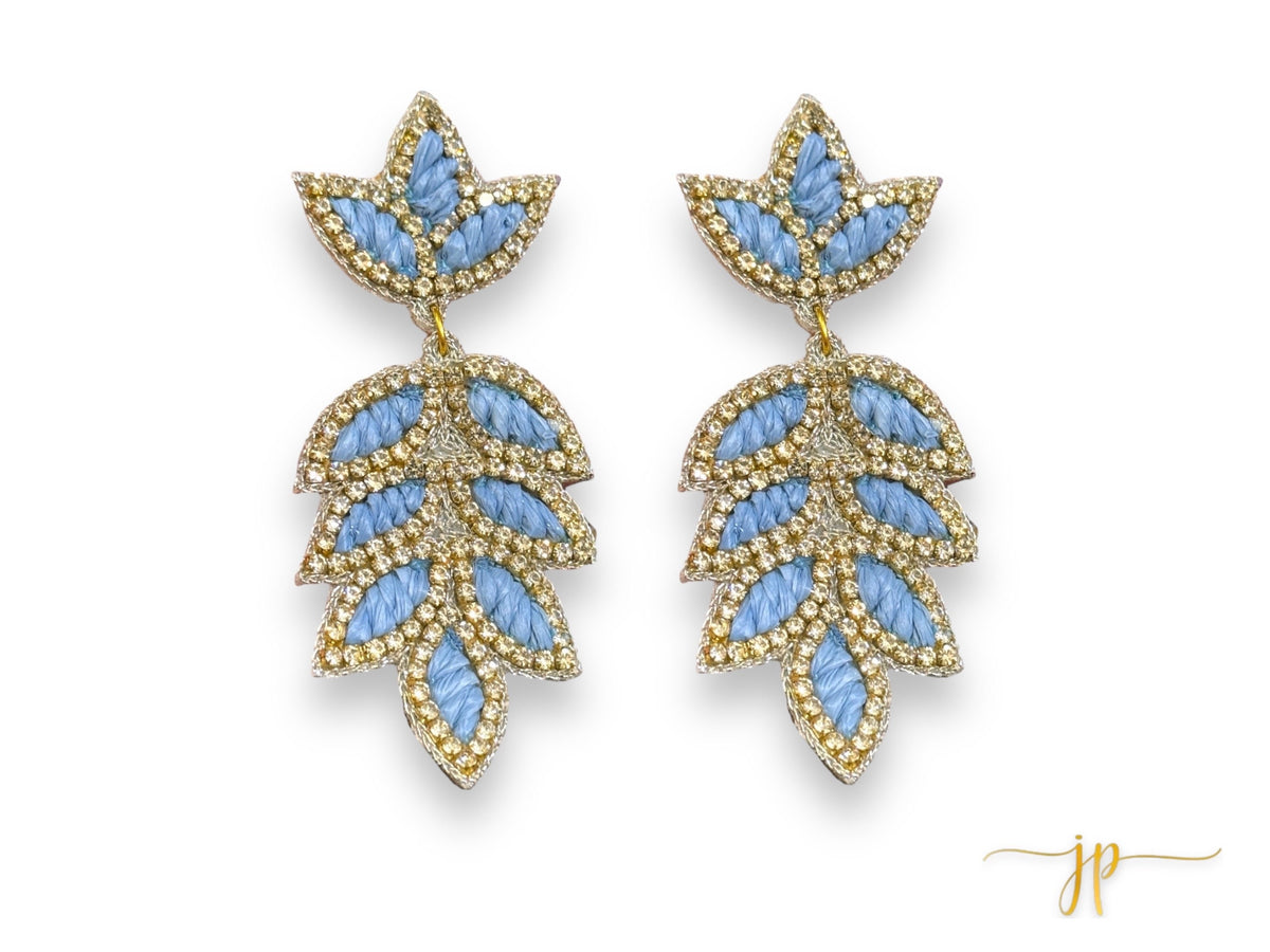 Eloise Light Blue Rhinestone Raffia Leaf Earrings