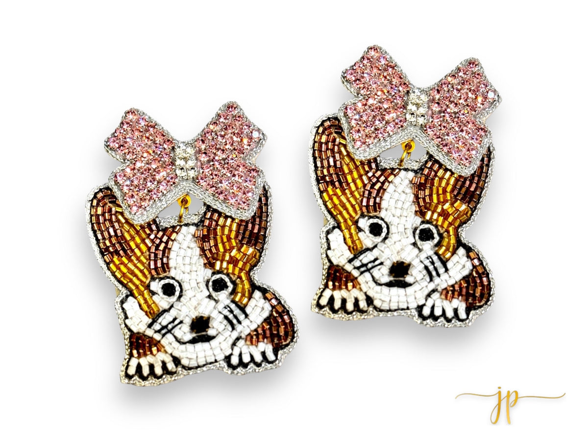 Pretty in Pink Bow Corgi Beaded Rhinestone Earrings